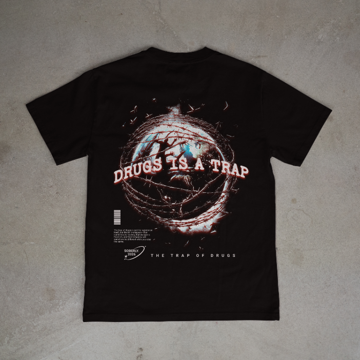 Soberly unisex black "trap of drugs" T-shirt